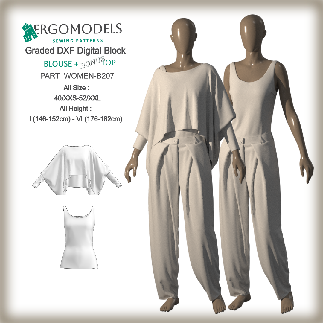 3D garment previews with layered digital sewing patterns for women’s dresses, men’s shirts, and kids’ jumpsuits – ERGOMODELS DXF & PDF files.