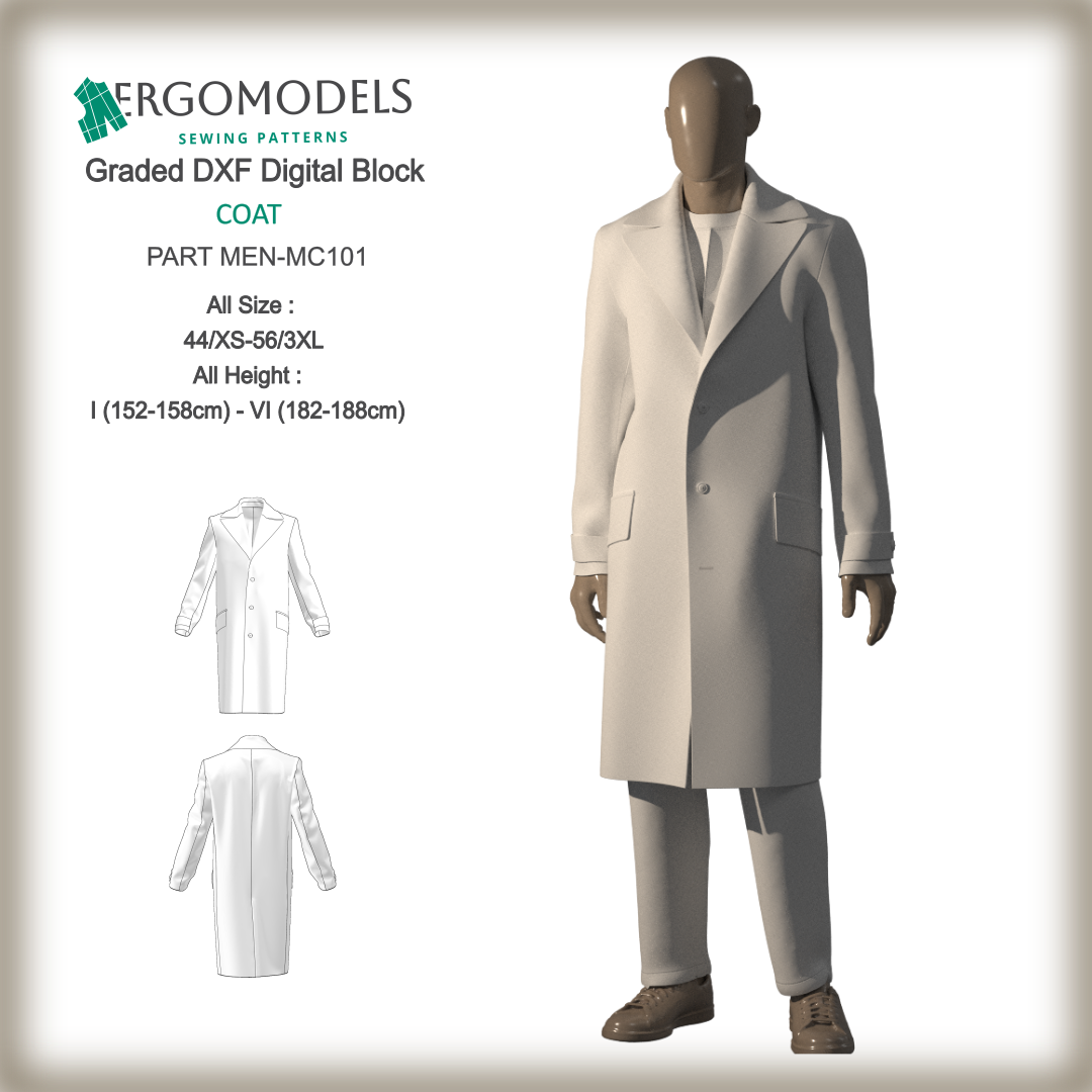 Men's digital sewing pattern for long overcoat MEN-MC101 by ERGOMODELS. Available in sizes 44/XS to 56/3XL. Advanced difficulty level. PDF and DXF formats.