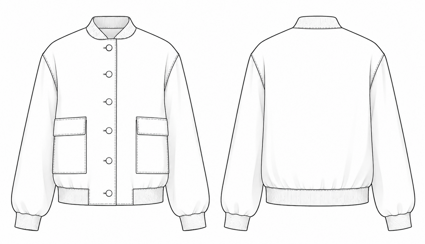 Women's jacket WJ104 — technical flat sketch, front and back views