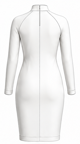 Technical flat sketch — women's dress DV202, back view, invisible zip centre back