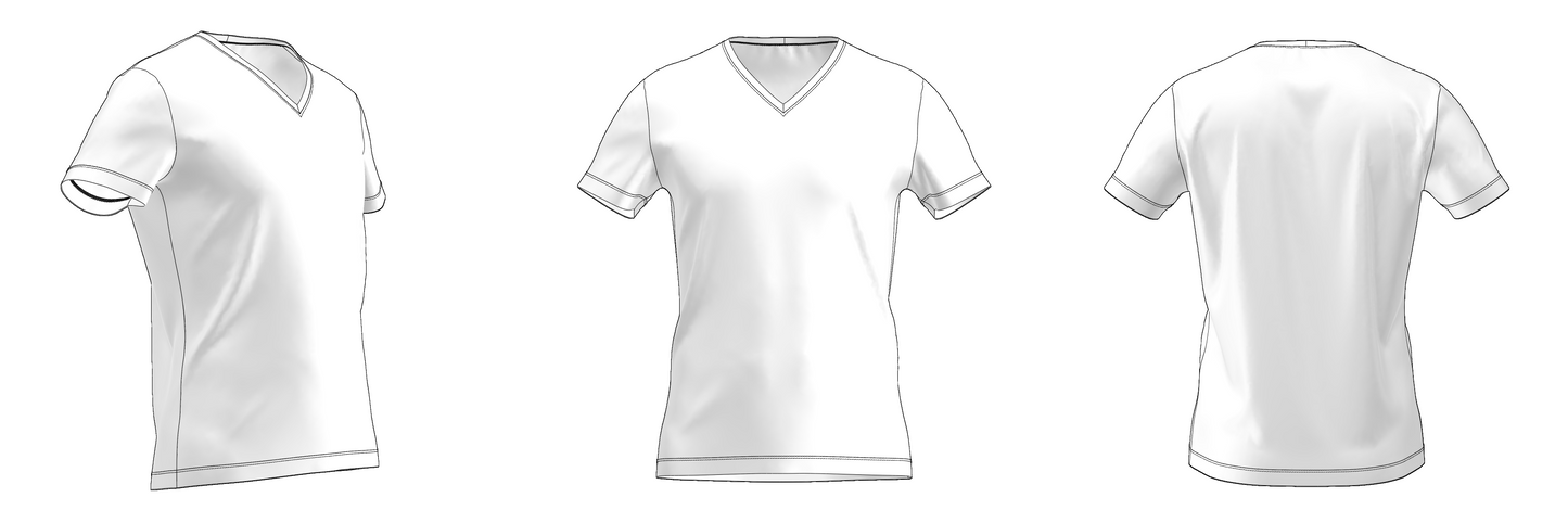Men's T-shirt B201 — technical flat sketch V-neck, side, front and back views