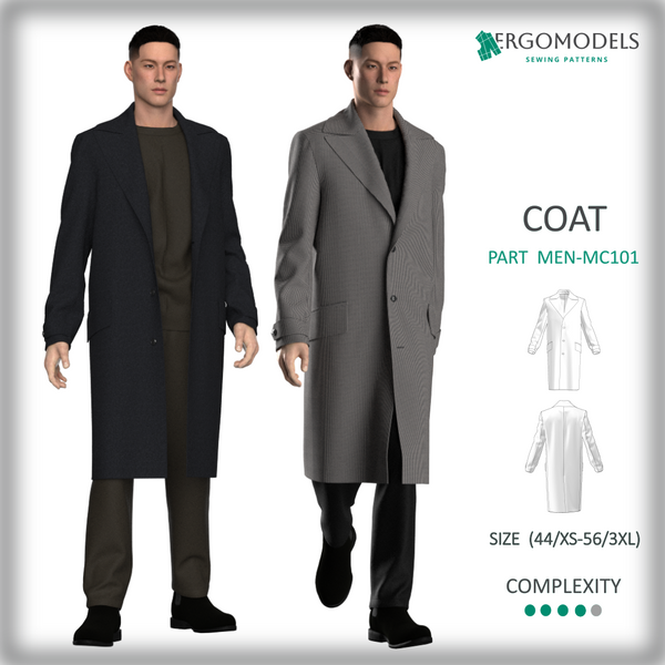 Graded digital DXF sewing pattern for men's overcoat MEN-MC101. Sizes 44 to 56 and heights I (152–158cm) to VI (182–188cm). Designed by ERGOMODELS.