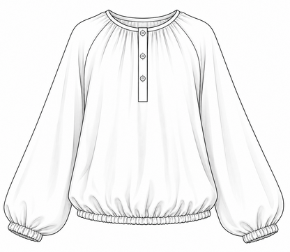 PDF sewing pattern B115 women's blouse — front view with skirt
