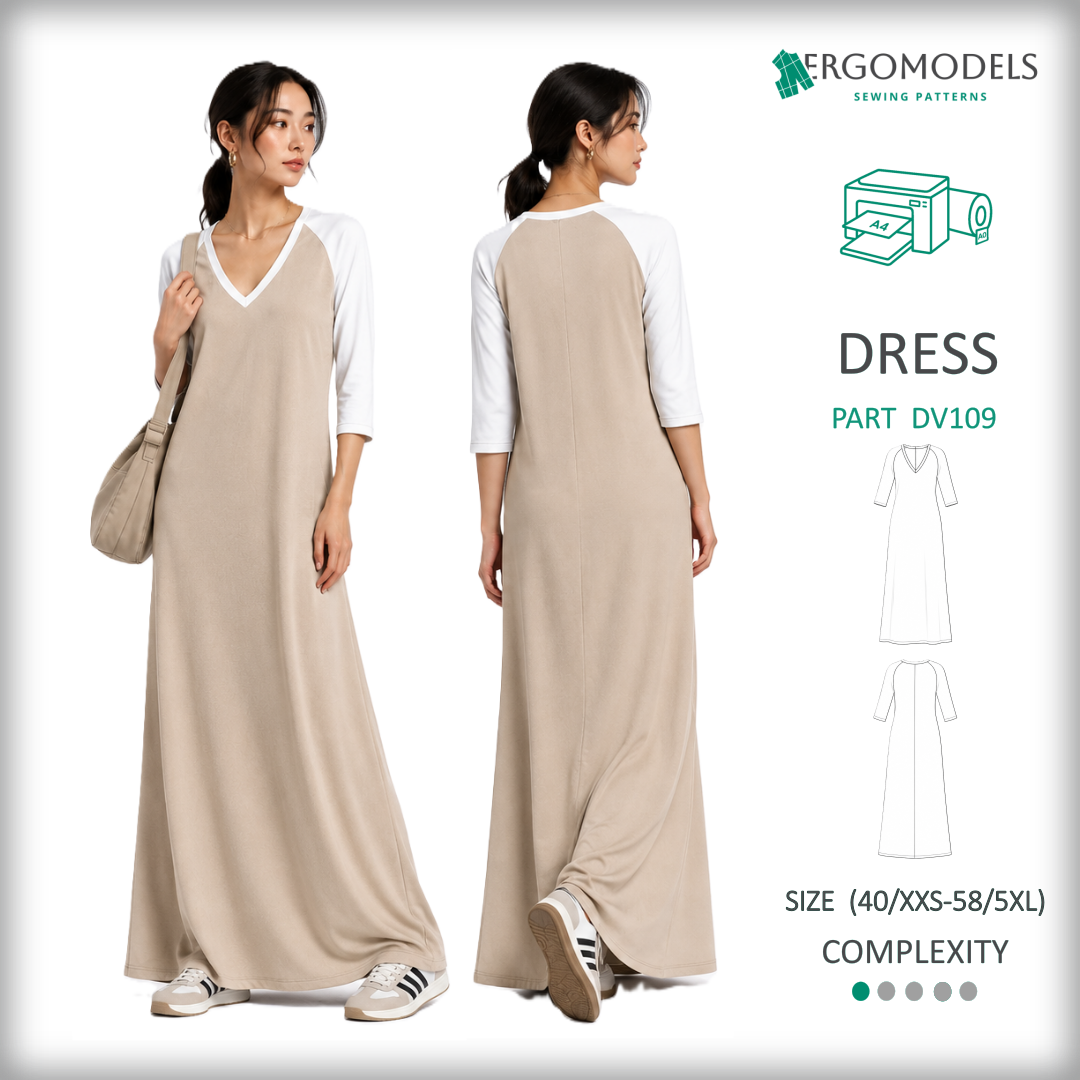Women's knit dress sewing pattern DV109 — PDF instant download, raglan sleeve V-neck | Ergomodels
