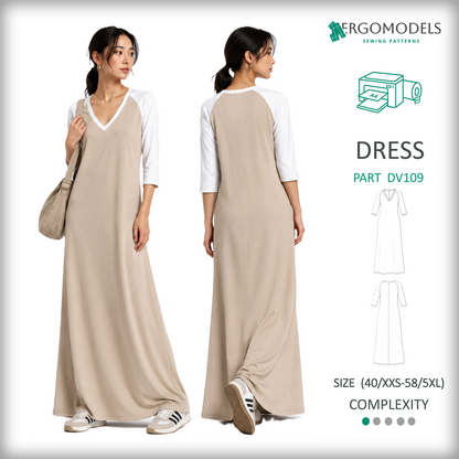 Women's knit dress sewing pattern DV109 — PDF instant download, raglan sleeve V-neck | Ergomodels
