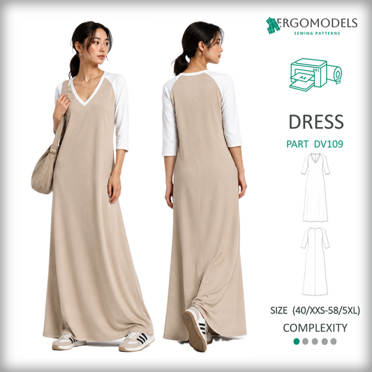 Women's knit dress sewing pattern DV109 — PDF instant download, raglan sleeve V-neck | Ergomodels
