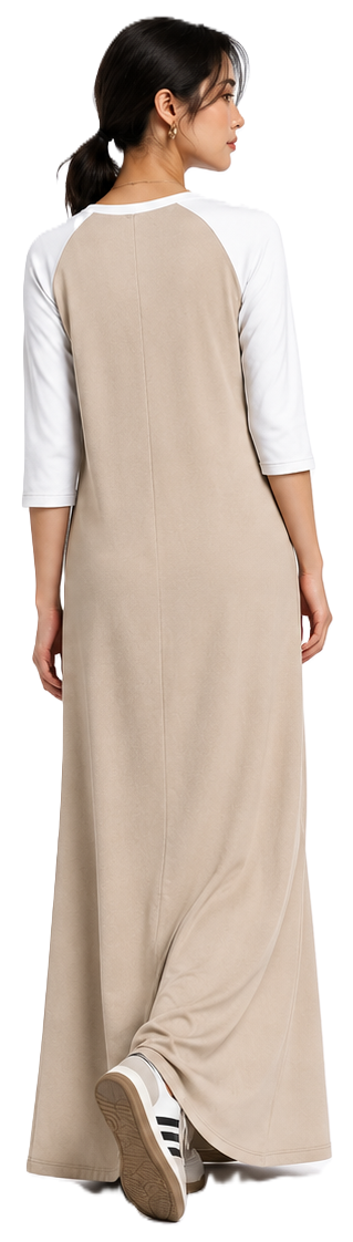 Women's knit dress DV109 — back view on model, clean silhouette raglan sleeve maxi dress
