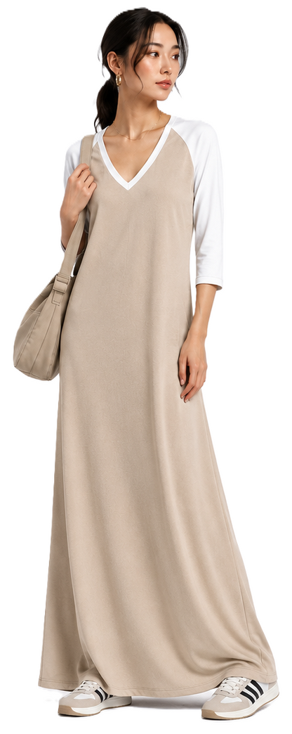 Women's knit dress DV109 — front view on model, V-neck raglan maxi dress in beige jersey
