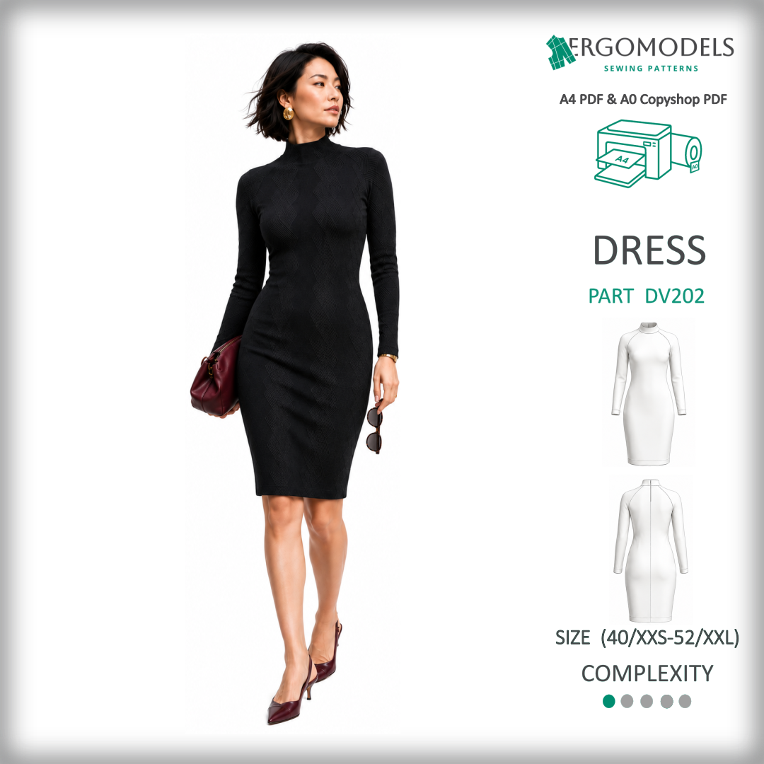 Women's dress sewing pattern DV202 — PDF instant download, long raglan sleeve, above-knee, sizes 40/XXS–52/XXL | Ergomodels
