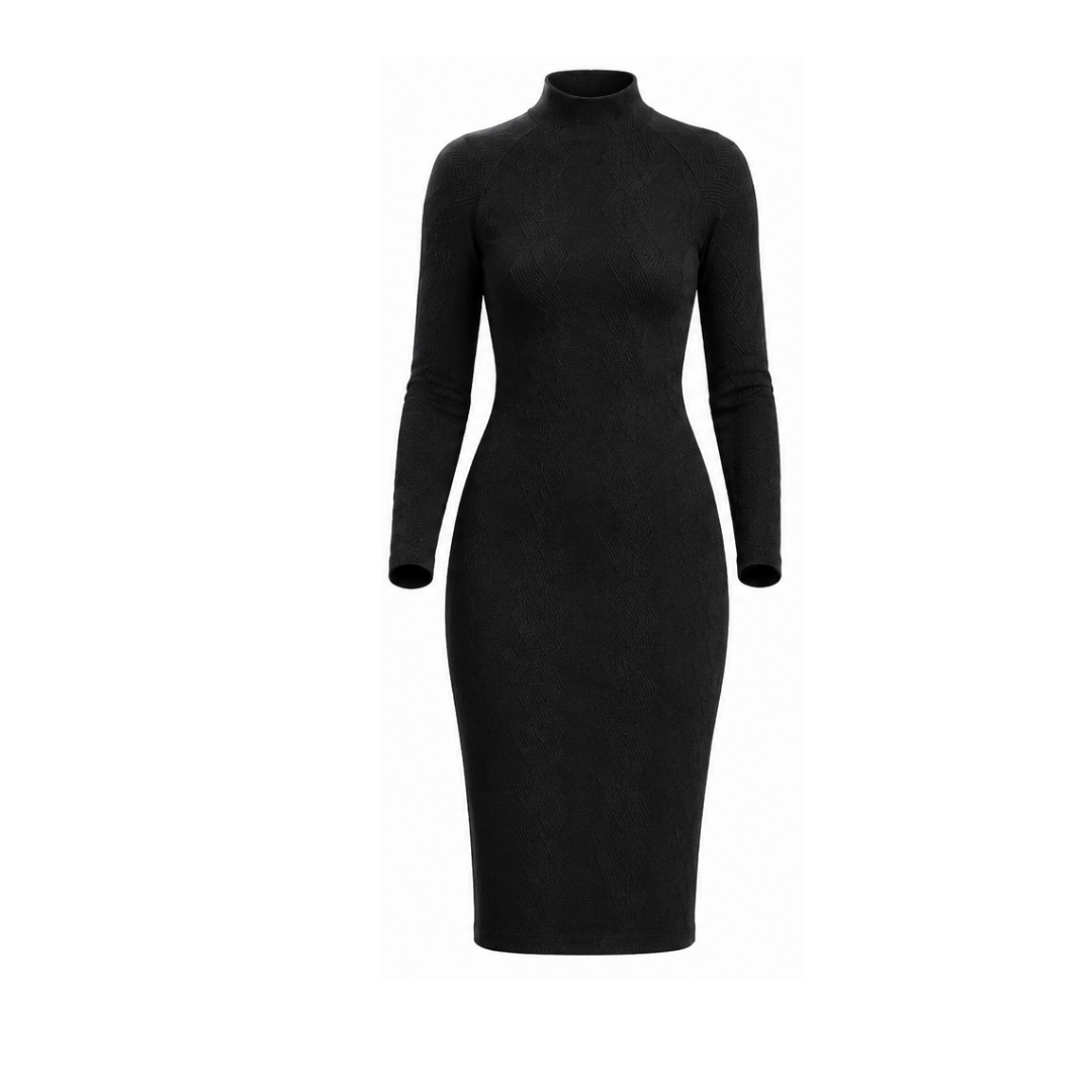 Women's dress DV202 — 3D front view, long raglan sleeve, mock neck, above-knee fitted silhouette
