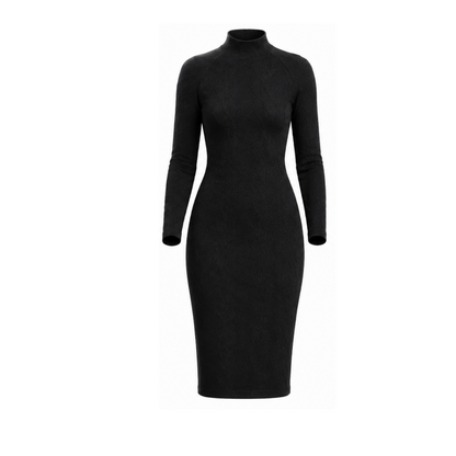 Women's dress DV202 — 3D front view, long raglan sleeve, mock neck, above-knee fitted silhouette
