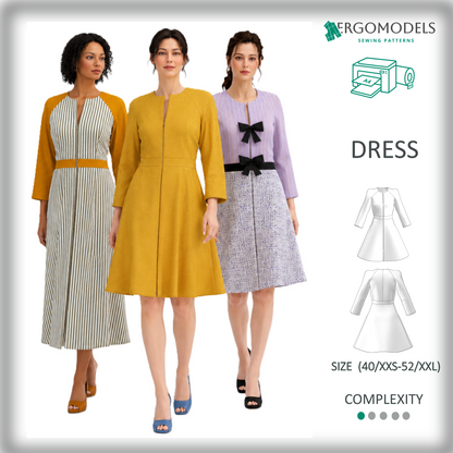 Women's dress sewing pattern PDF D101 — cover image sizes 40–52 by Ergomodels
