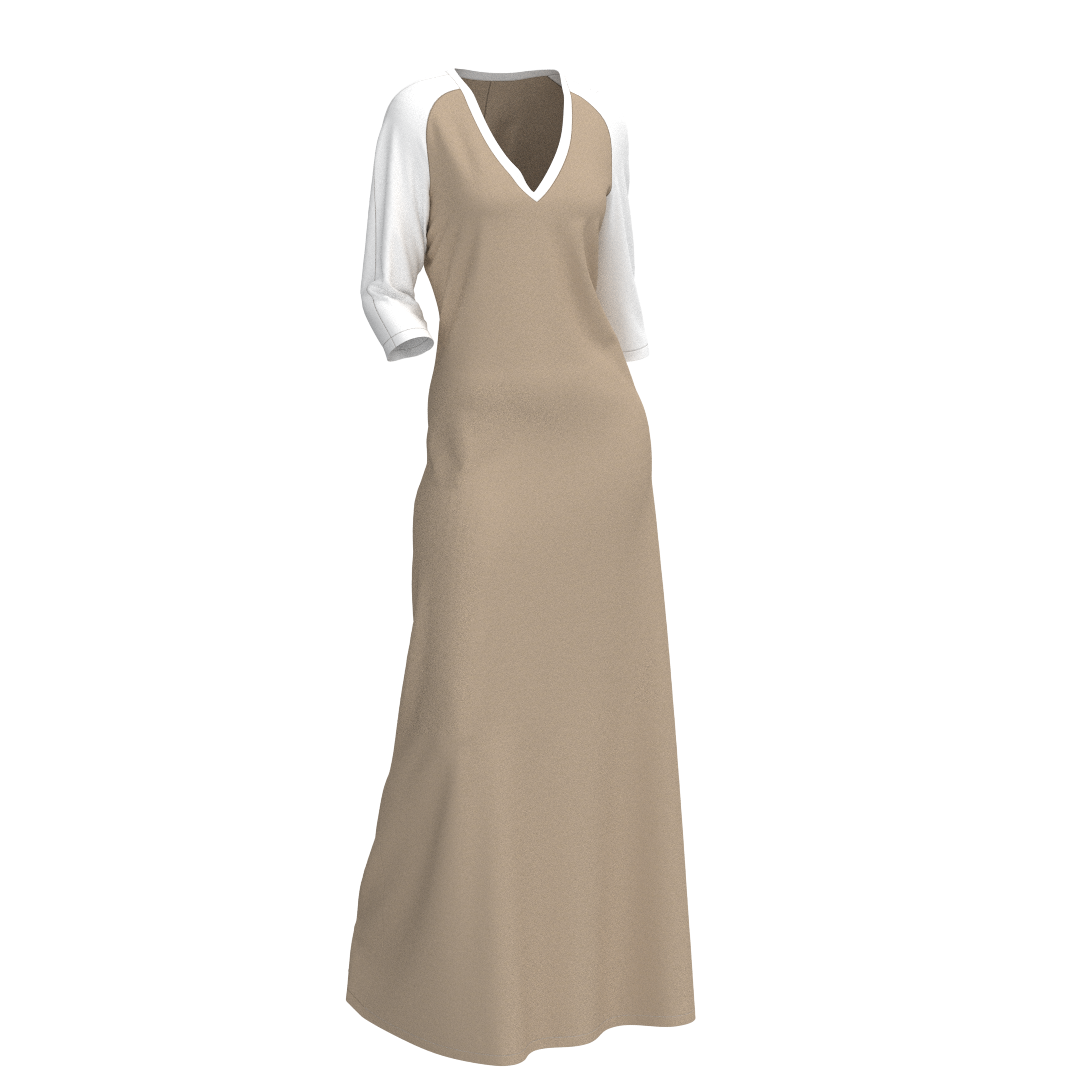 Women's knit dress DV109 — 3D front view, V-neckline and 3/4 raglan sleeve
