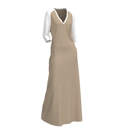 Women's knit dress DV109 — 3D front view, V-neckline and 3/4 raglan sleeve
