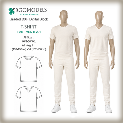 Men's T-shirt B201 DXF sewing pattern — crew neck and V-neck, sizes 46/S–56/3XL, all heights | Ergomodels
