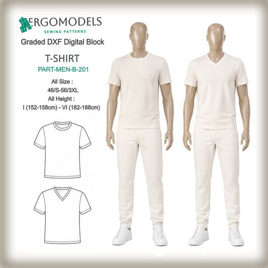 Men's T-shirt B201 DXF sewing pattern — crew neck and V-neck, sizes 46/S–56/3XL, all heights | Ergomodels
