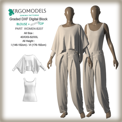 3D garment previews with layered digital sewing patterns for women’s dresses, men’s shirts, and kids’ jumpsuits – ERGOMODELS DXF & PDF files.