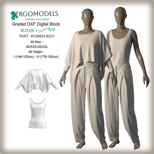 3D garment previews with layered digital sewing patterns for women’s dresses, men’s shirts, and kids’ jumpsuits – ERGOMODELS DXF & PDF files.