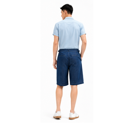 Men's fitted short-sleeve shirt SH102 — back view on model, yoke seam, fitted silhouette, short sleeves
