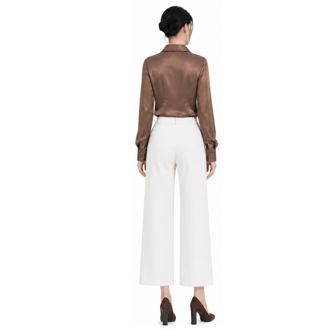 Women's blouse B114 — technical flat sketch front and back view, sewing pattern pieces, sizes XXS/40–XXL/52
