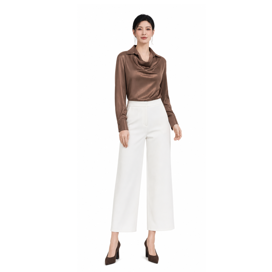 Women's blouse B114 — back view on model, fitted long sleeves, draped cowl neck blouse sewing pattern
