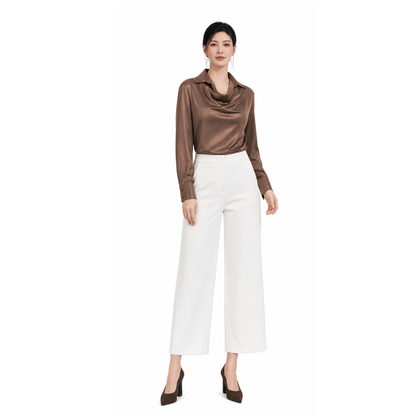Women's blouse B114 — back view on model, fitted long sleeves, draped cowl neck blouse sewing pattern
