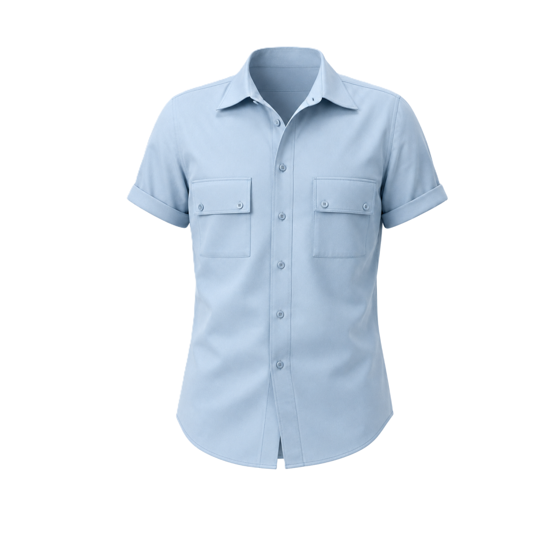 Men's fitted short-sleeve shirt SH102 — light blue, front view, collar with stand and two chest patch pockets with flaps | Ergomodels
