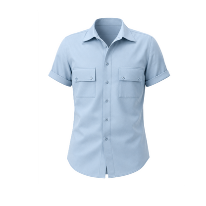 Men's fitted short-sleeve shirt SH102 — light blue, front view, collar with stand and two chest patch pockets with flaps | Ergomodels
