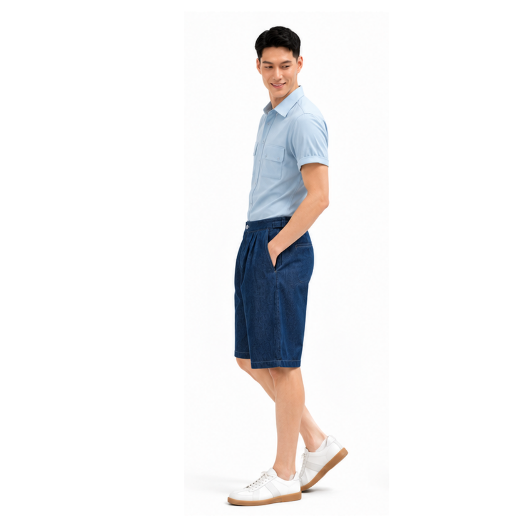 Men's fitted short-sleeve shirt SH102 — light blue poplin, front view on model, two chest patch pockets with button flaps
