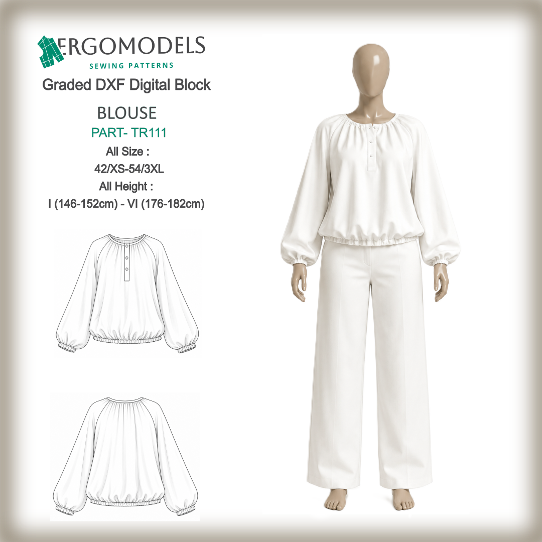 DXF sewing pattern women's blouse B115 — graded digital block, all sizes, raglan sleeve, loose fit, elastic hem | Ergomodels
