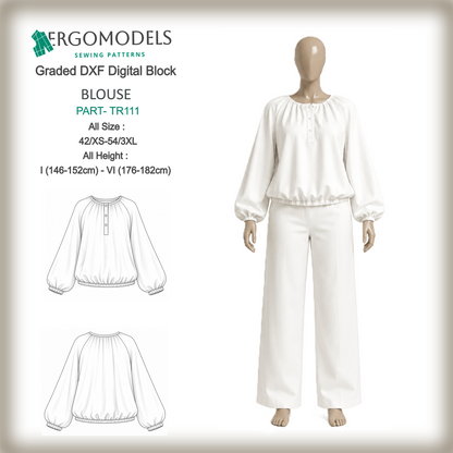 DXF sewing pattern women's blouse B115 — graded digital block, all sizes, raglan sleeve, loose fit, elastic hem | Ergomodels
