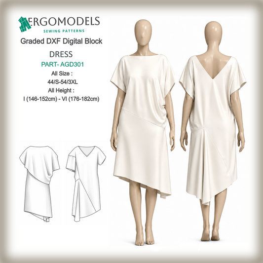 DXF sewing pattern women's dress AGD301 — graded digital block, all sizes 44/S–54/3XL, all heights I–VI, asymmetric Japanese cut | Ergomodels
