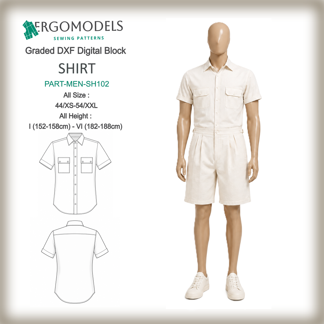 Men's shirt SH102 Graded DXF Digital Block — all sizes 44/XS–54/XXL, all heights I–VI, fitted short-sleeve shirt with patch pockets | Ergomodels
