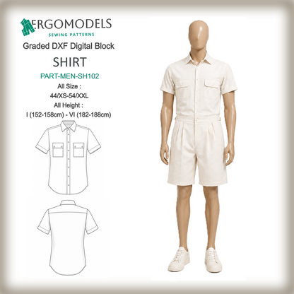 Men's shirt SH102 Graded DXF Digital Block — all sizes 44/XS–54/XXL, all heights I–VI, fitted short-sleeve shirt with patch pockets | Ergomodels
