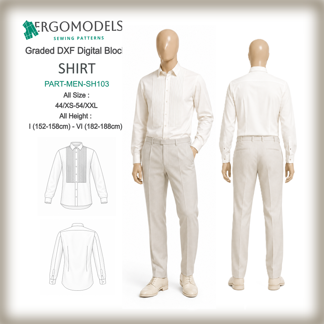 Men's formal shirt SH103 Graded DXF Digital Block — all sizes XS/44–XXL/54, all heights I (152–158cm)–VI (182–188cm), decorative tucks, fitted silhouette | Ergomodels
