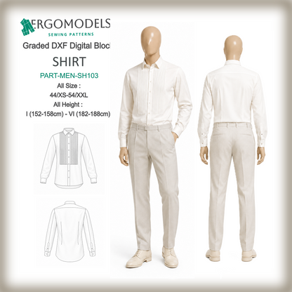 Men's formal shirt SH103 Graded DXF Digital Block — all sizes XS/44–XXL/54, all heights I (152–158cm)–VI (182–188cm), decorative tucks, fitted silhouette | Ergomodels
