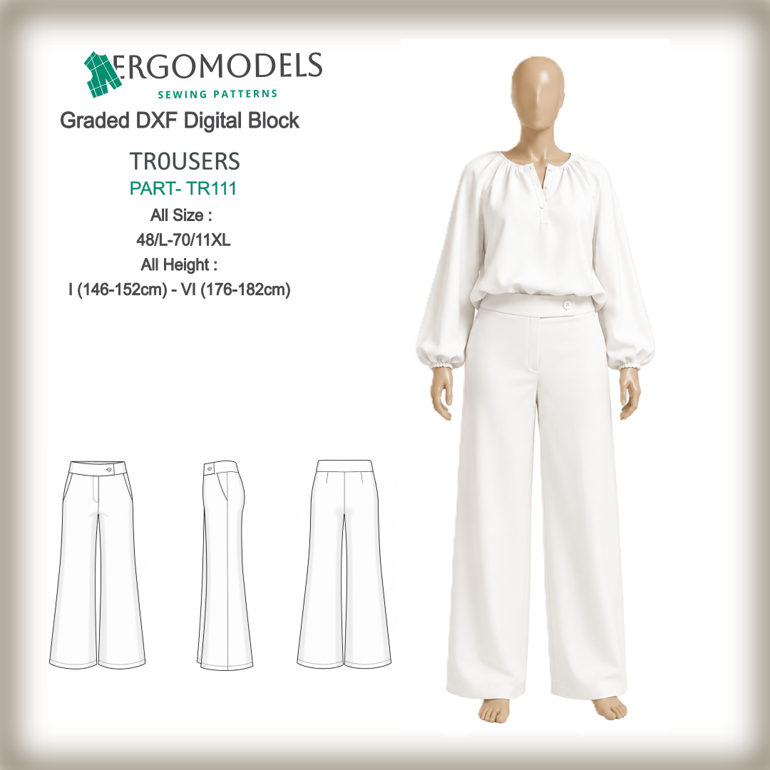 DXF sewing pattern women's plus size trousers TR111 — graded digital block, all sizes 48/L–70/11XL, all heights I–VI, high waist flared leg | Ergomodels
