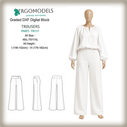 DXF sewing pattern women's plus size trousers TR111 — graded digital block, all sizes 48/L–70/11XL, all heights I–VI, high waist flared leg | Ergomodels
