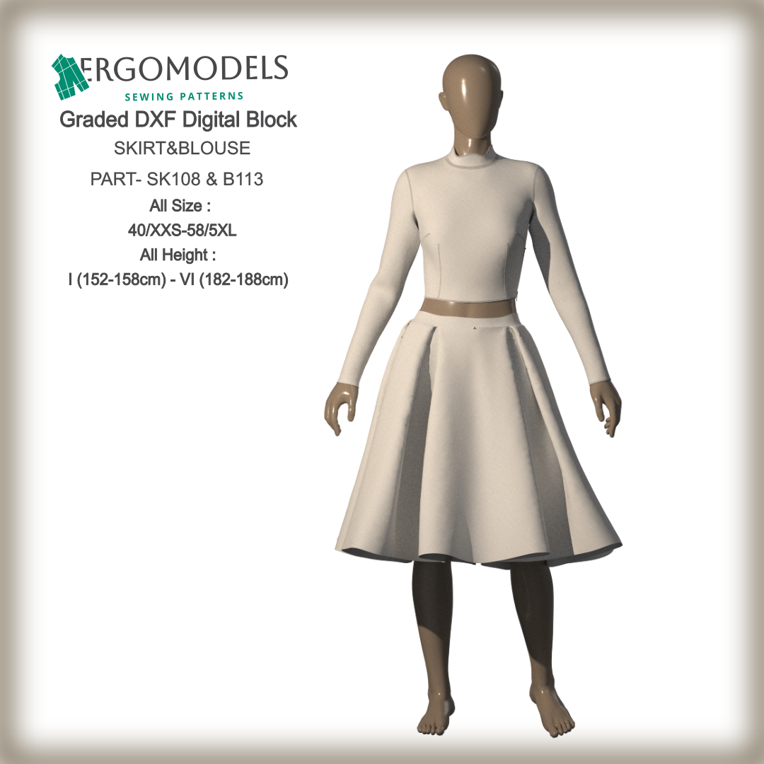 DXF Sewing Pattern: Women Skirt SK108 & Blouse B113 All Sizes  (instant download)