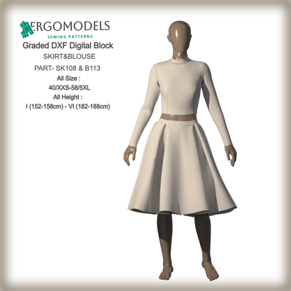 DXF Sewing Pattern: Women Skirt SK108 & Blouse B113 All Sizes  (instant download)