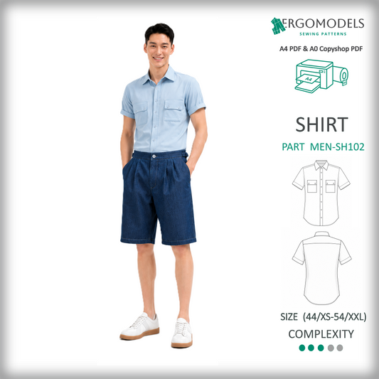 Men's fitted short-sleeve shirt SH102 PDF sewing pattern — collar with stand, patch pockets with flaps, sizes 44/XS–54/XXL | Ergomodels
