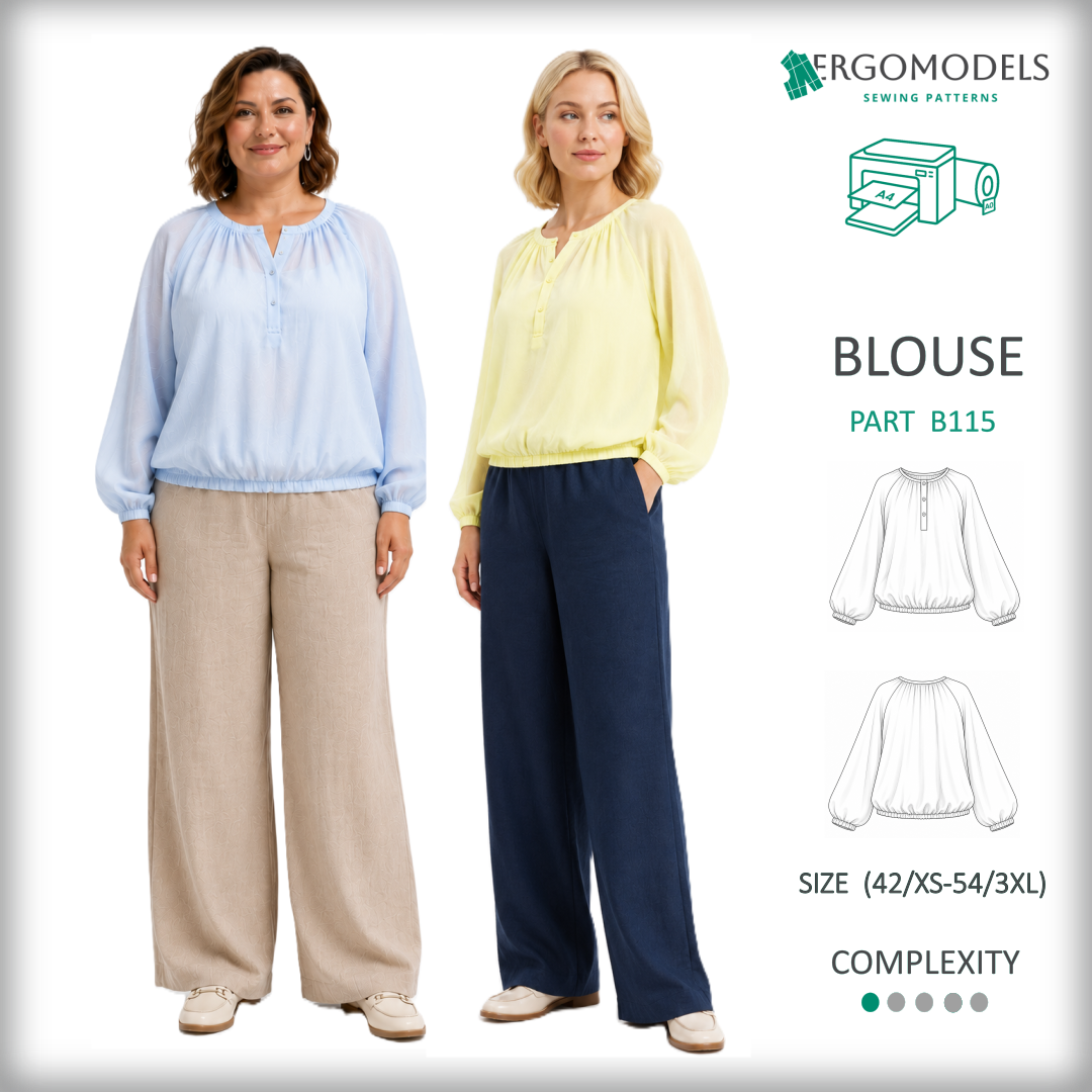 Women's blouse raglan sleeve sewing pattern B115 — PDF instant download | Ergomodels
