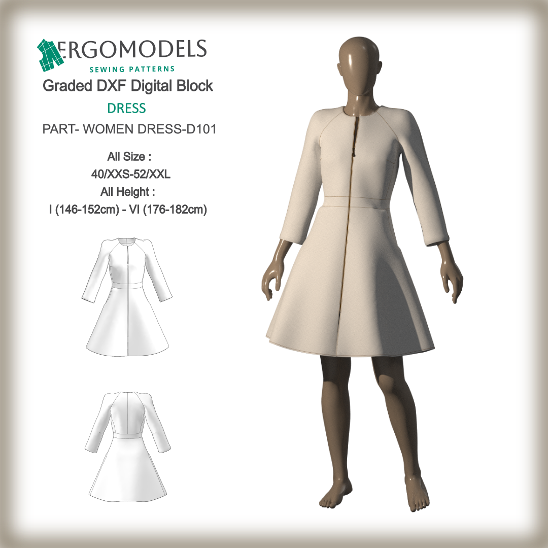 DXF Sewing Pattern: Women Dress - D101 All Sizes (instant download) Ergomodels DXF Sewing Pattern: Women Dress - D101 All Sizes (instant download) Ergomodels