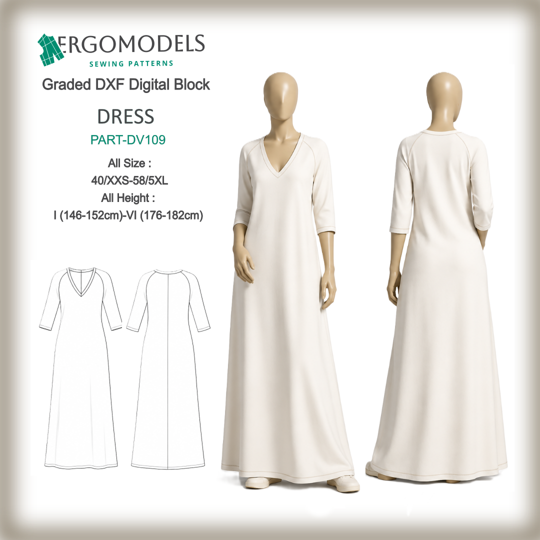 DXF sewing pattern women's dress DV109 — graded digital block, all sizes 40/XXS–58/5XL, all heights I–VI, V-neck raglan sleeve maxi | Ergomodels
