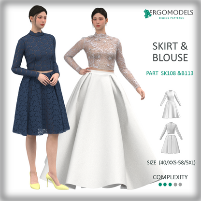 PDF Sewing Pattern: Women Skirt SK108  & Blouse B113 (instant download)