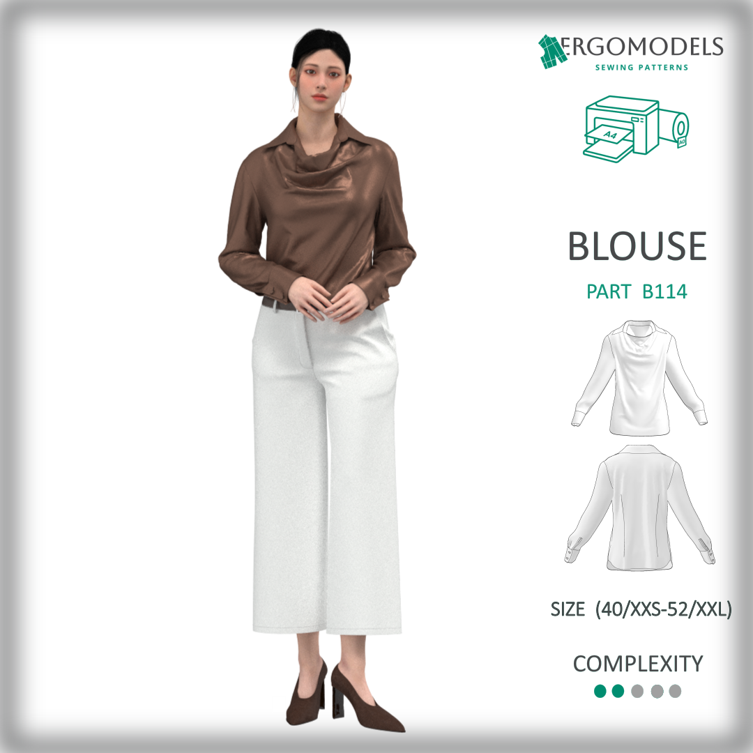 Blouse sewing pattern B114 — women's draped cowl neck blouse, sizes XXS–XXL, PDF & DXF

