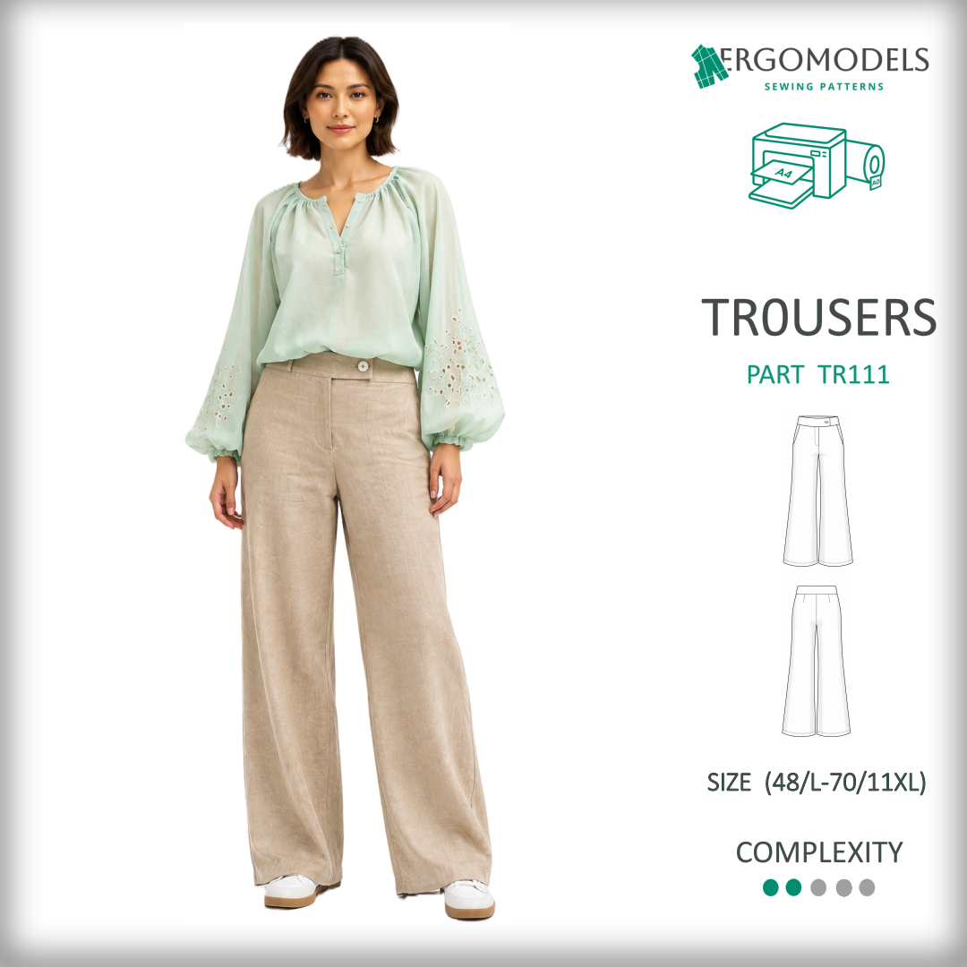 Women's plus size trousers sewing pattern TR111 — high waist, flared leg, side pockets — PDF instant download

