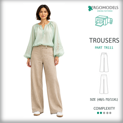 Women's plus size trousers sewing pattern TR111 — high waist, flared leg, side pockets — PDF instant download


