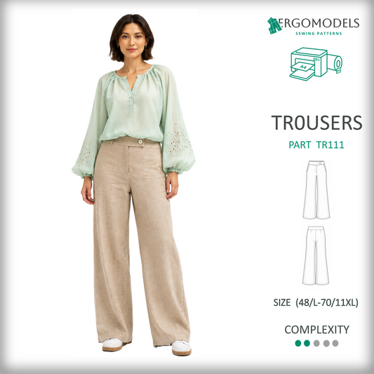 Women's plus size trousers sewing pattern TR111 — high waist, flared leg, side pockets — PDF instant download

