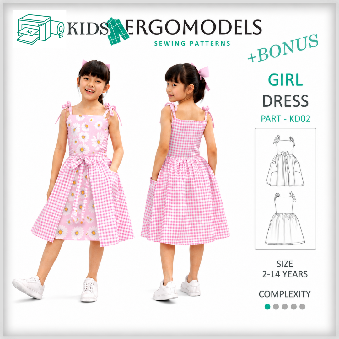 Size label for kids girl dress sewing pattern KD02 by Ergomodels
